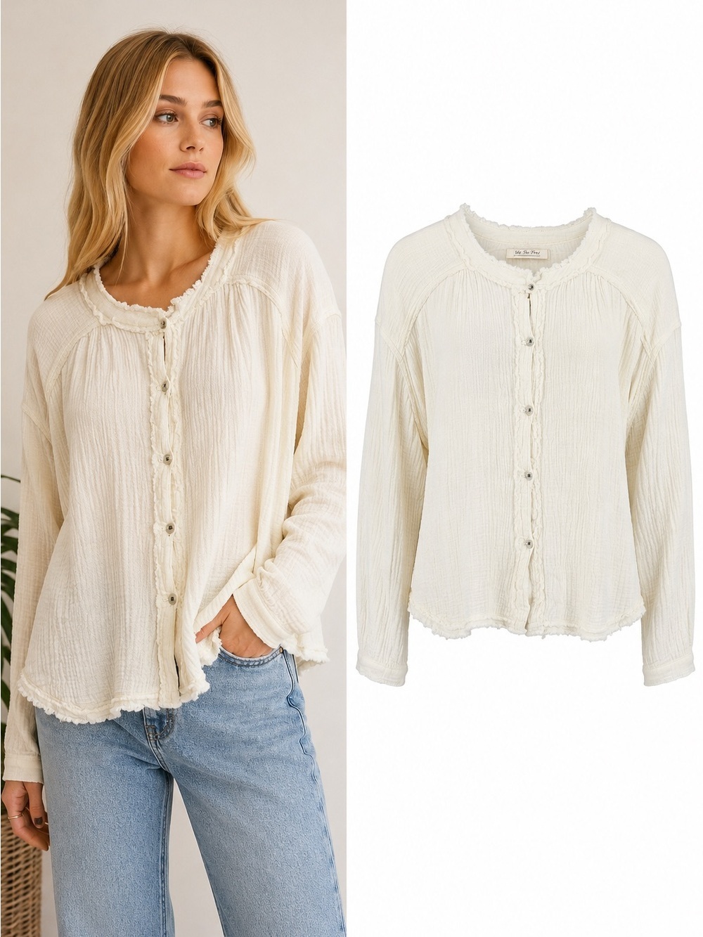 We The Free | Cream Gauze Cotton Button Front Raw Hem Boho Top | Small